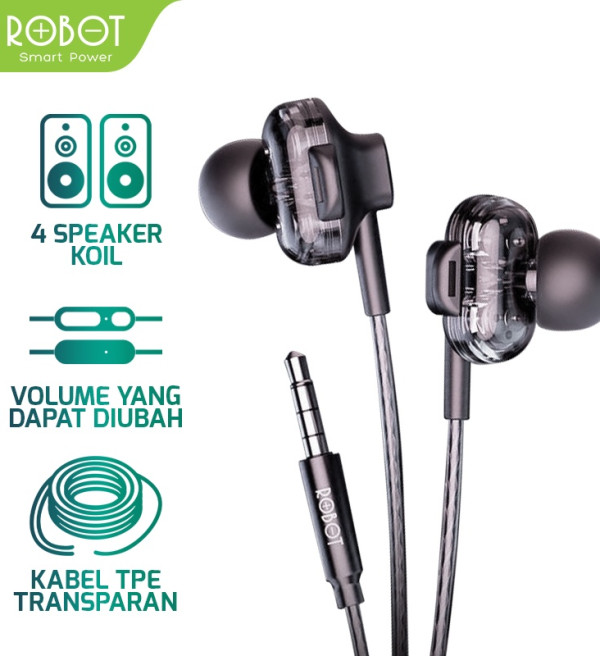 Headset Robot RE30 / Headset Wired / Handsfree Musik / Earphone Bass For Handphone / PC / Laptop Original - Garansi 1 Tahun