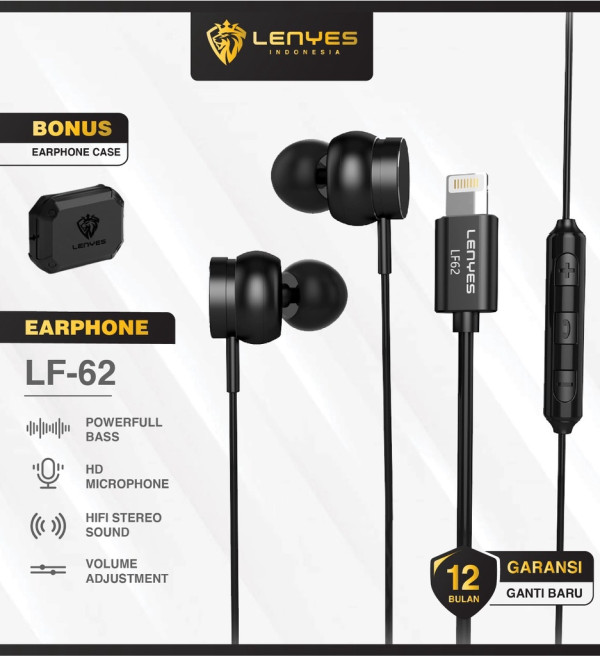 Lenyes LF62 Earphone Lightning Mega Bass Hifi Stereo Headset with Microphone Original